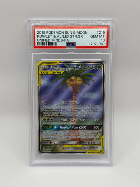 Rowlet & Alolan Exeggutor GX 215 Unified Minds PSA 10