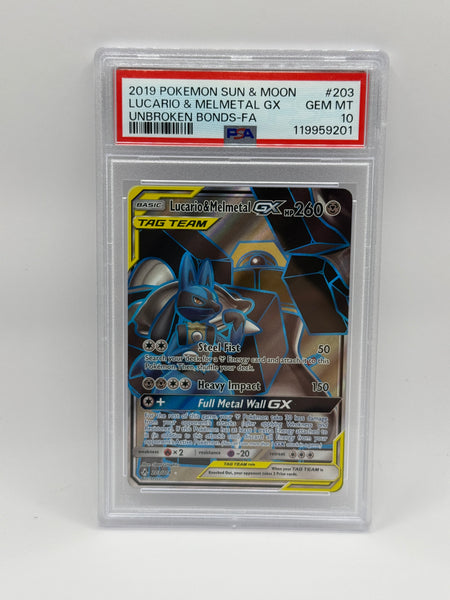 Lucario & Melmetal GX 203 Unbroken Bonds PSA 10