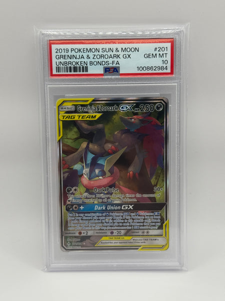 Greninja & Zoroark GX 201 Unbroken Bonds PSA 10